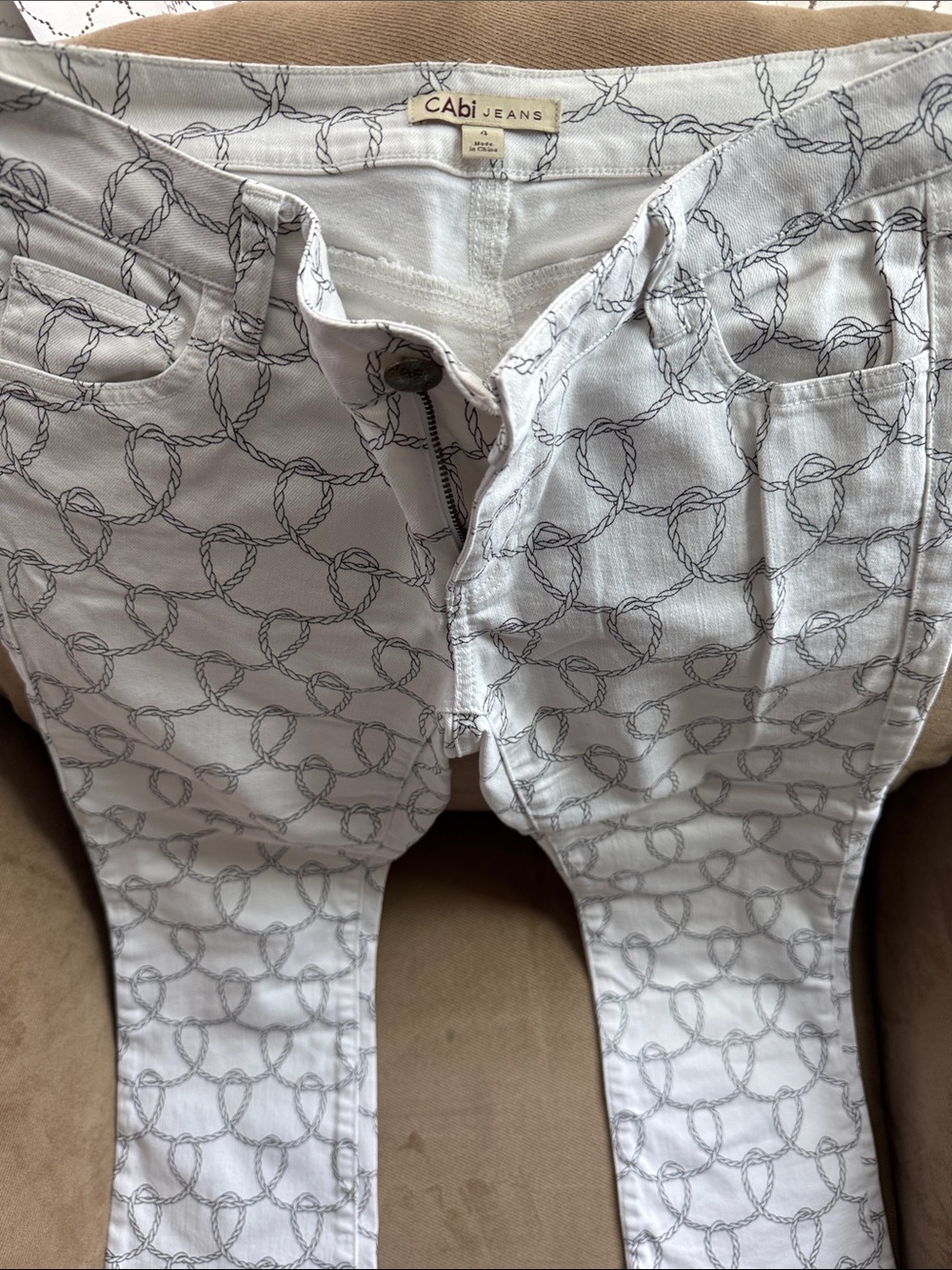 CAbi White Jeans with Gray Rope-Loop Print